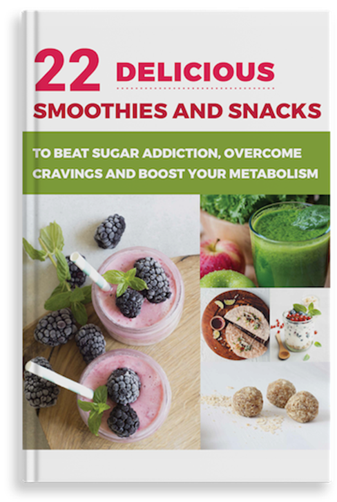 A cookbook cover titled "22 DELICIOUS SMOOTHIES AND SNACKS" for beating sugar addiction, overcoming cravings, and boosting metabolism. It features images of pink berry smoothies, a green smoothie, energy balls, and other healthy snacks.