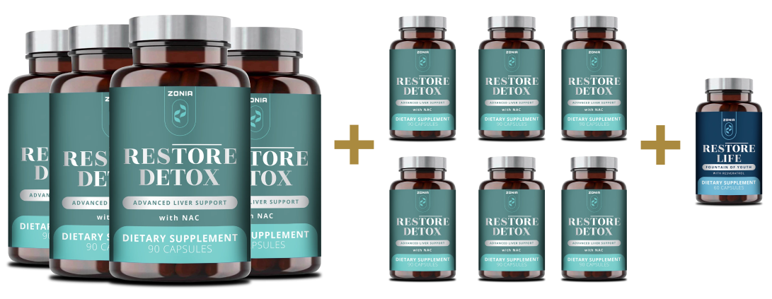 A product image showing twelve bottles of Zonia Restore Detox dietary supplement and one bottle of Zonia Restore Life dietary supplement.