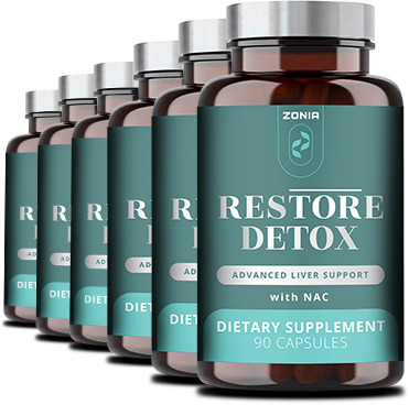 Multiple bottles of Zonia Restore Detox Advanced Liver Support dietary supplement with NAC, 90 capsules per bottle.